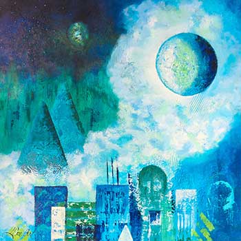 abstract landscape - abstract painting in blues, greens, warm white with mountains, planets, clouds, city-scape - by  Lillian Cozart