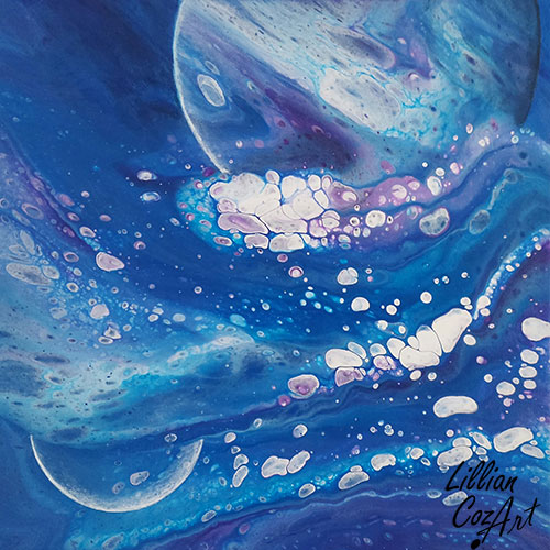 Blue & Purple Fantasy Universe 12x12 Lillian Cozart, abstract artist, Wilton Manors, south florida artist
